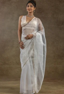 Pre Stitched Tissue Silk Saree in Off White