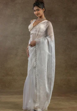 Pre Stitched Tissue Silk Saree in Off White