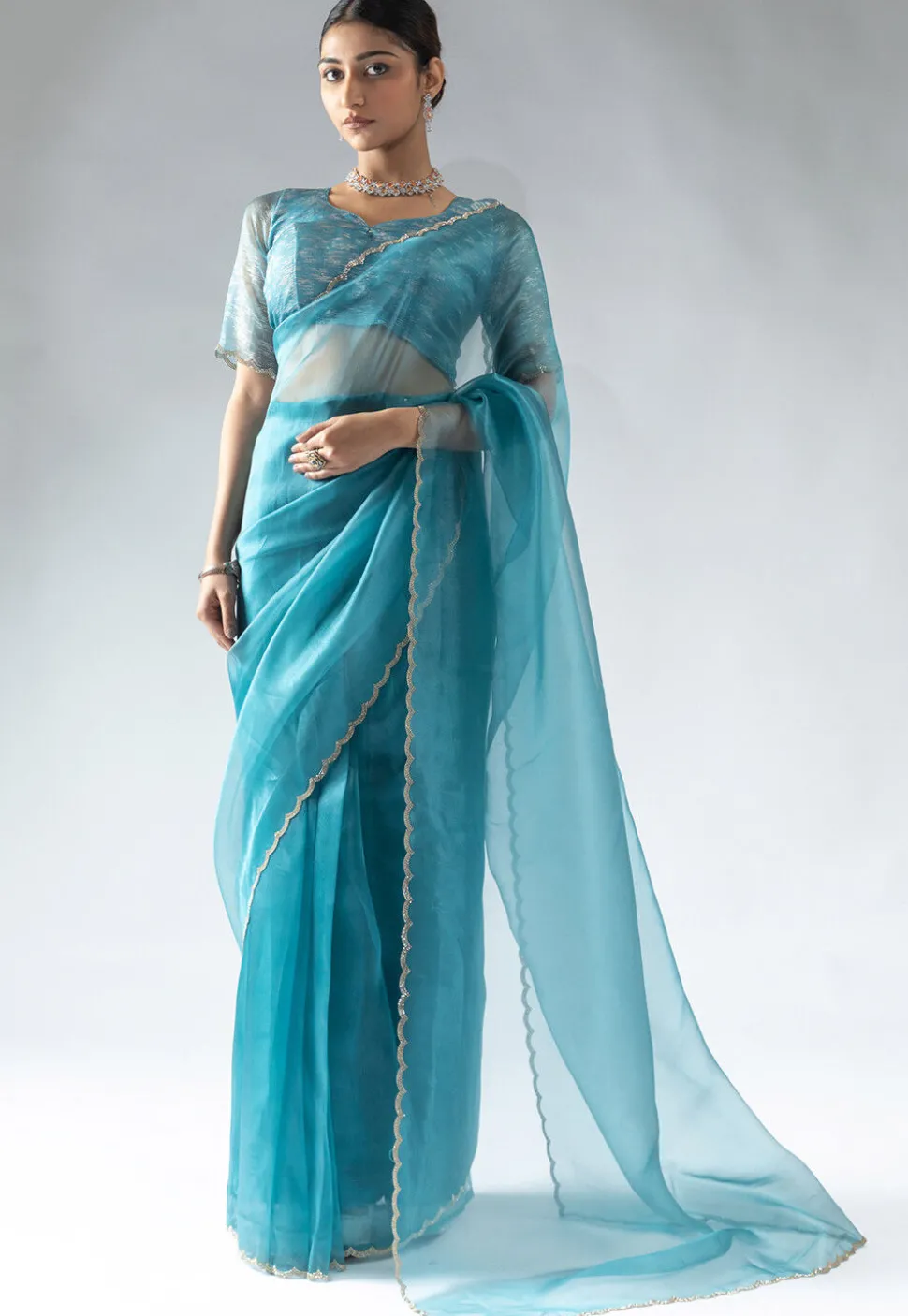 Pre Stitched Tissue Silk Saree in Light Blue