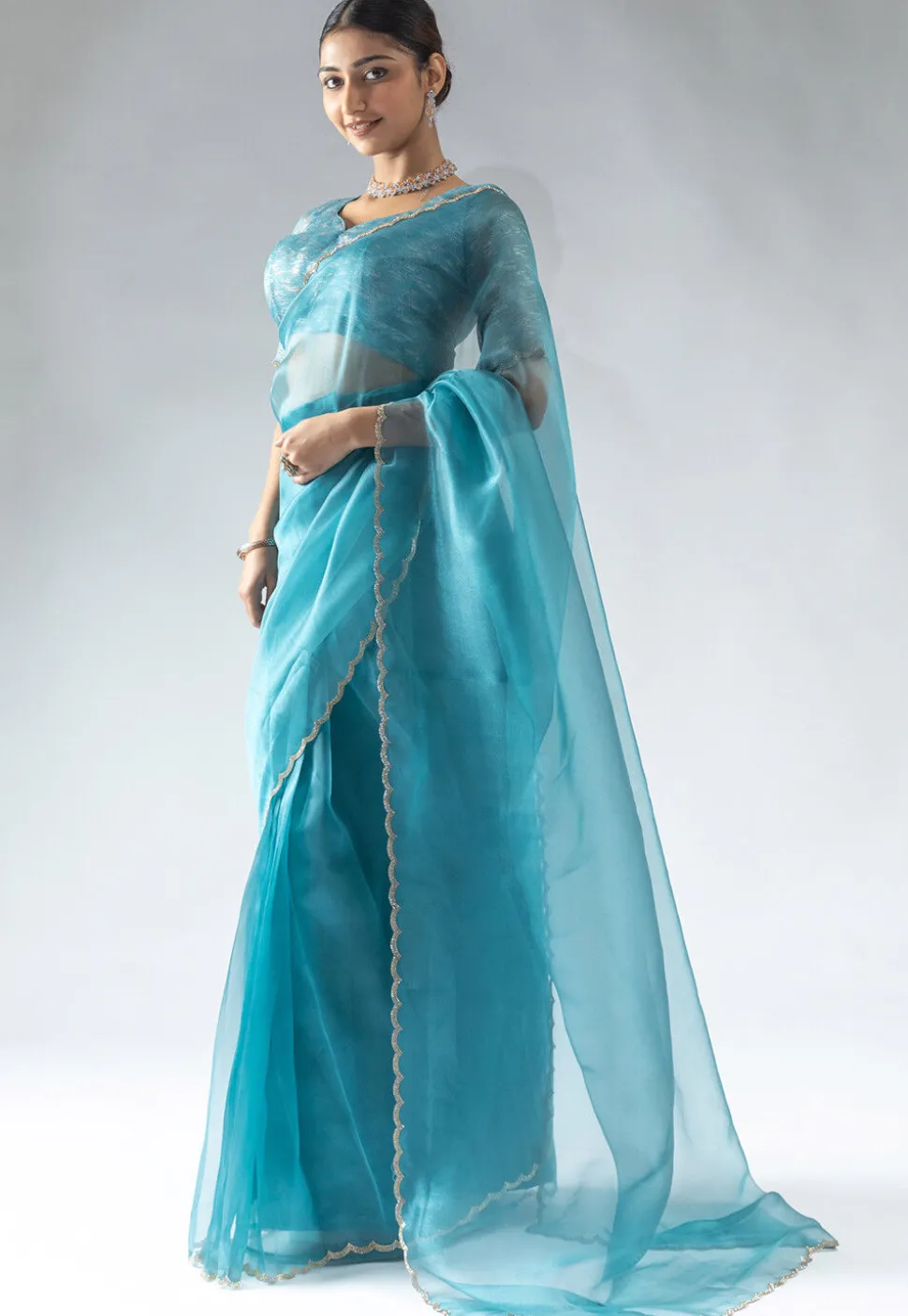 Pre Stitched Tissue Silk Saree in Light Blue