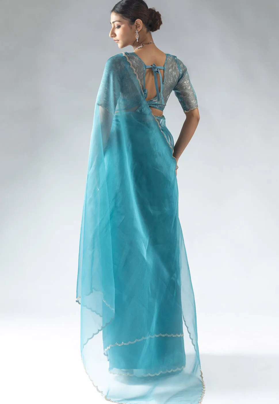 Pre Stitched Tissue Silk Saree in Light Blue
