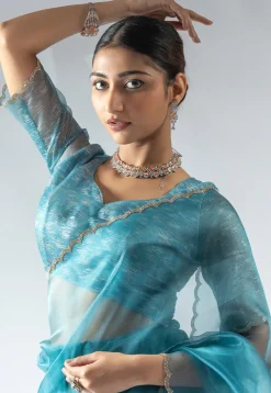 Pre Stitched Tissue Silk Saree in Light Blue