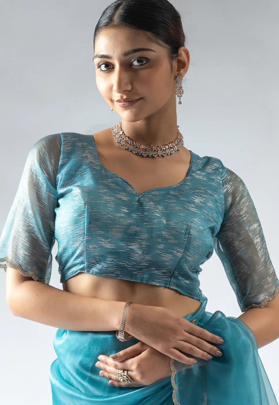 Pre Stitched Tissue Silk Saree in Light Blue