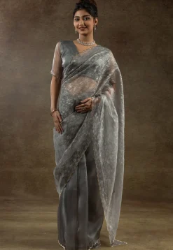 Pre Stitched Tissue Silk Saree in Grey
