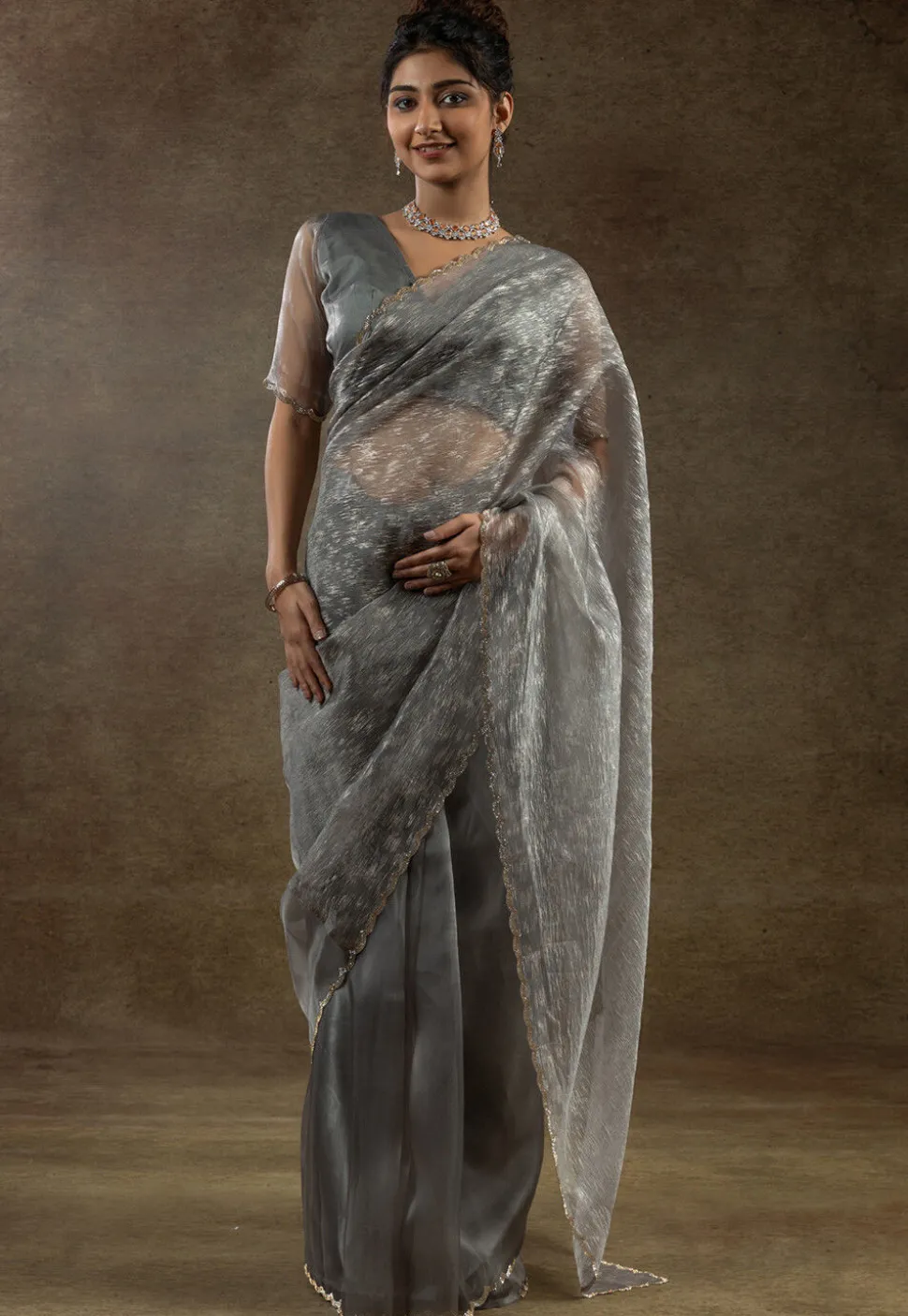 Pre Stitched Tissue Silk Saree in Grey