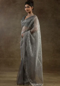 Pre Stitched Tissue Silk Saree in Grey