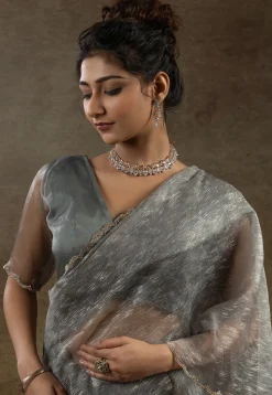 Pre Stitched Tissue Silk Saree in Grey