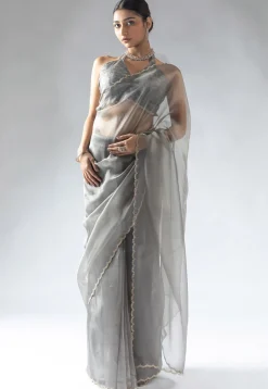 Pre Stitched Tissue Silk Saree in Grey