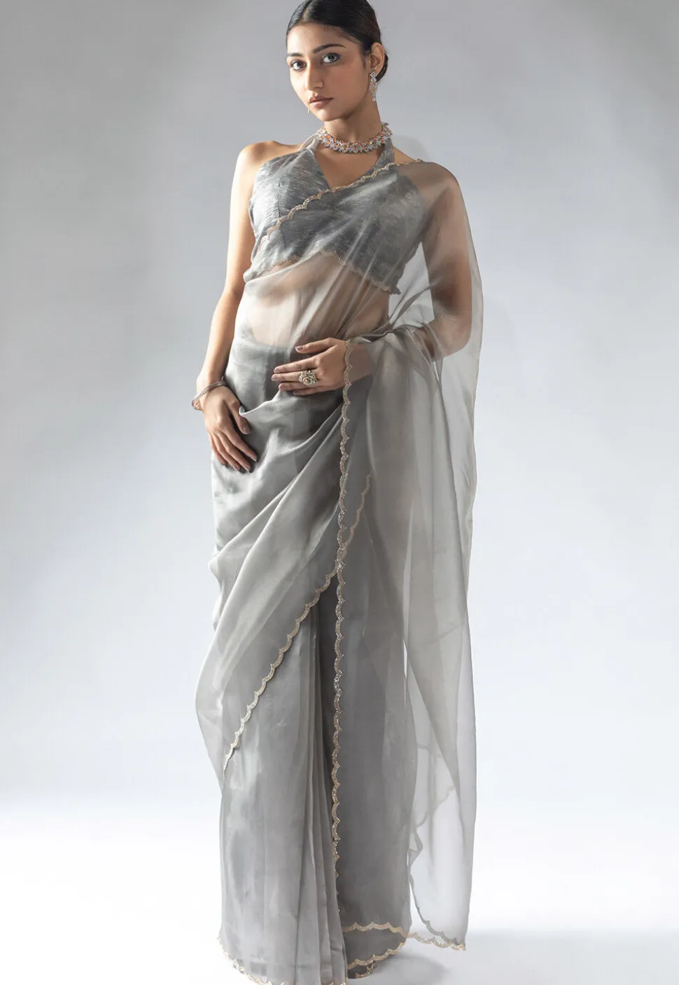 Pre Stitched Tissue Silk Saree in Grey