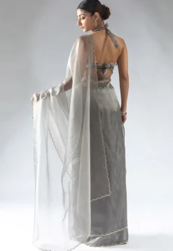 Pre Stitched Tissue Silk Saree in Grey
