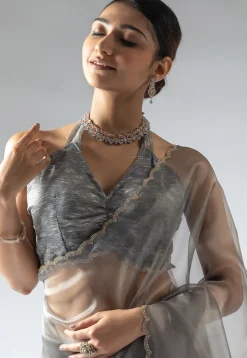 Pre Stitched Tissue Silk Saree in Grey
