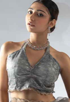 Pre Stitched Tissue Silk Saree in Grey
