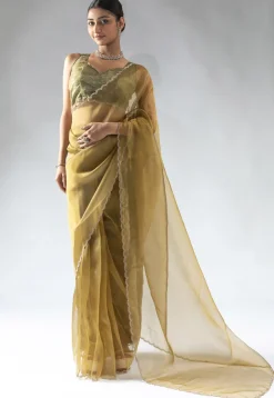 Pre Stitched Tissue Silk Saree in Dark Olive Green