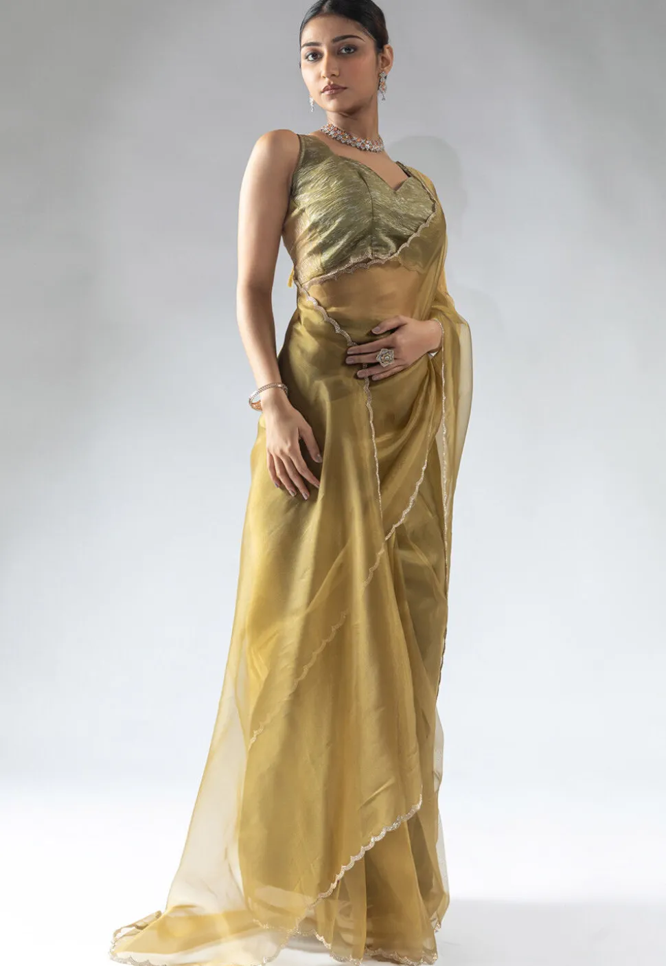 Pre Stitched Tissue Silk Saree in Dark Olive Green