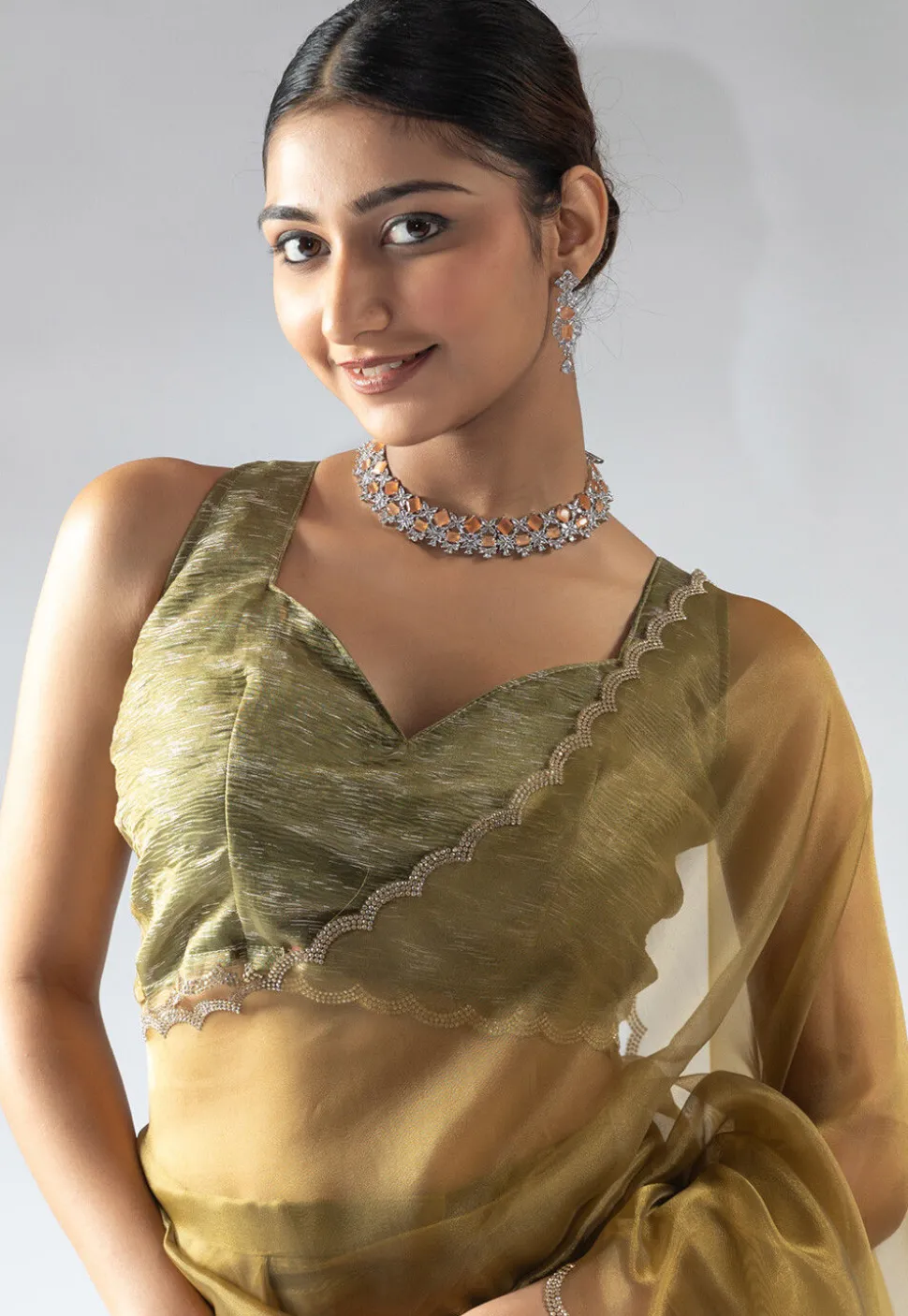 Pre Stitched Tissue Silk Saree in Dark Olive Green