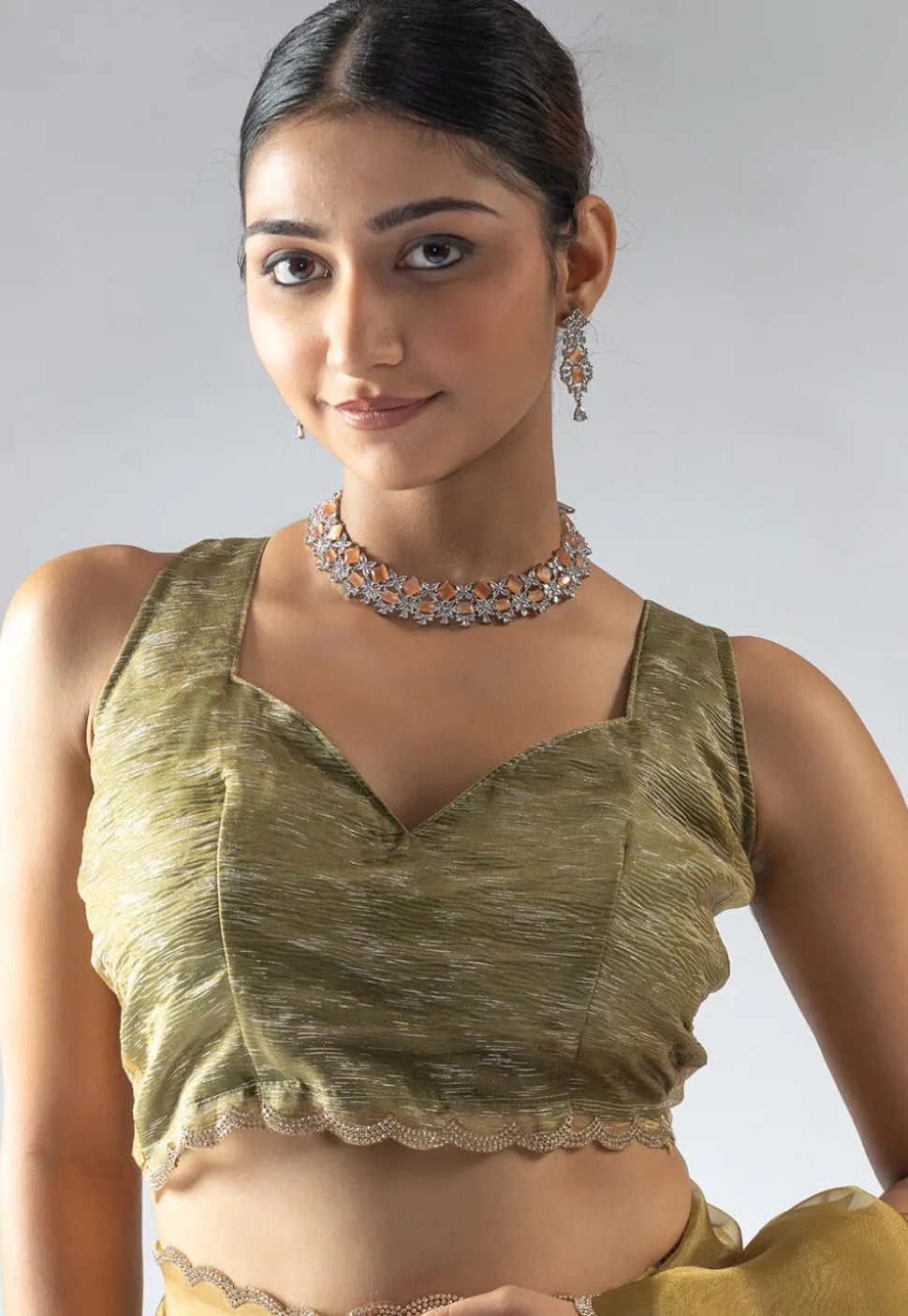 Pre Stitched Tissue Silk Saree in Dark Olive Green