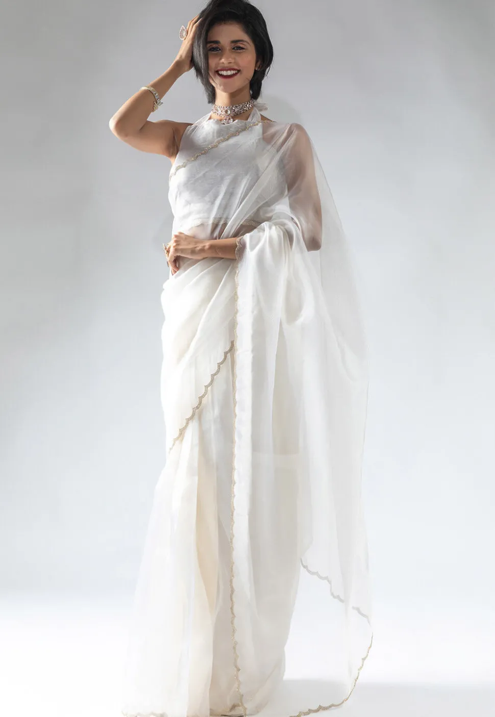 Pre Stitched Tissue Silk Saree in Off White