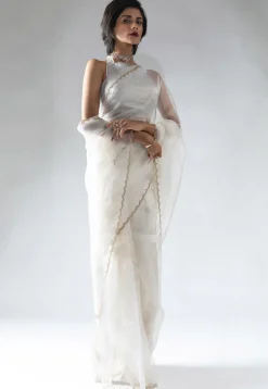 Pre Stitched Tissue Silk Saree in Off White
