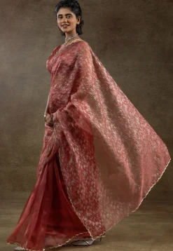 Pre Stitched Tissue Silk Saree in Peach