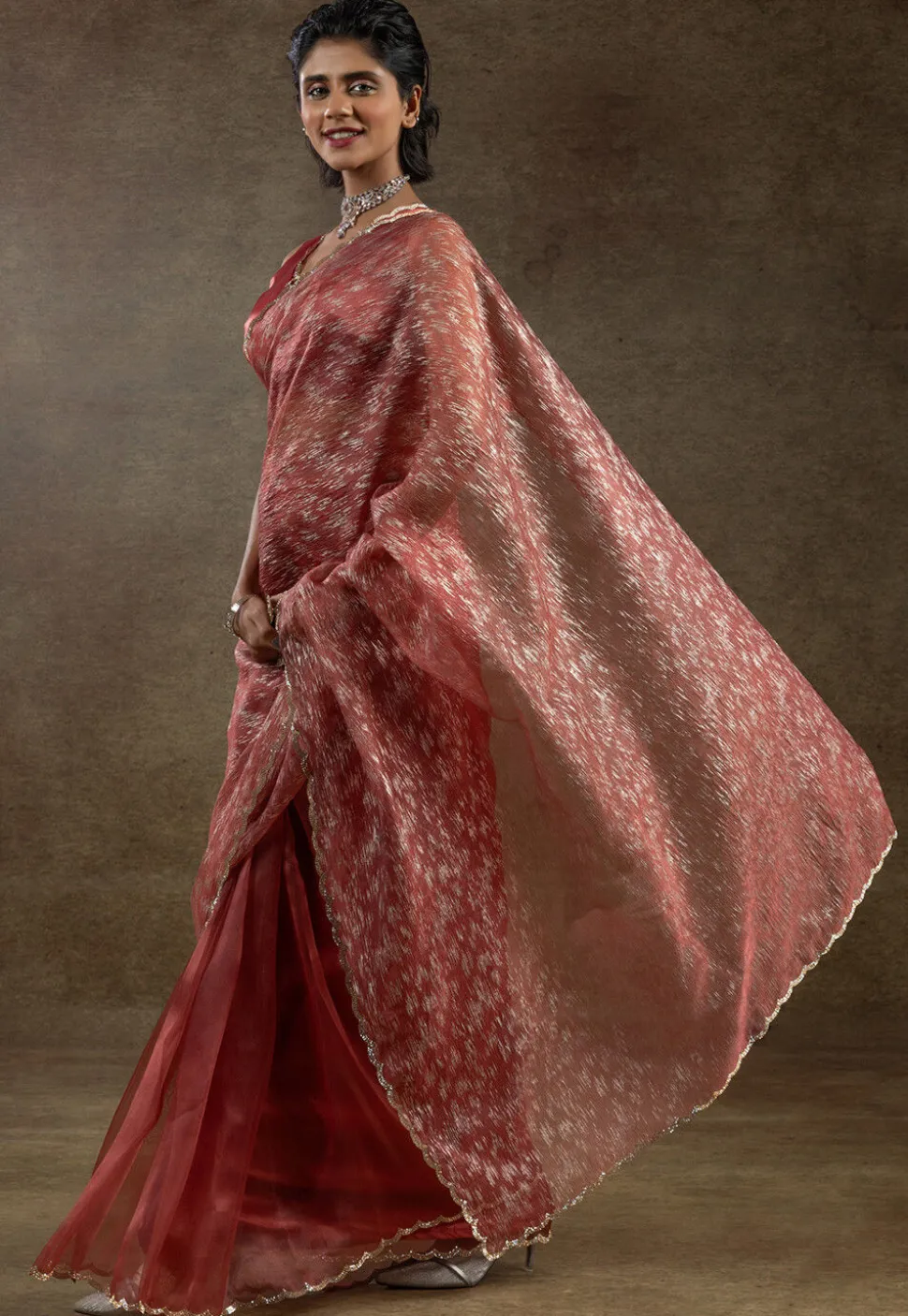 Pre Stitched Tissue Silk Saree in Peach