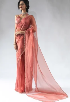 Pre Stitched Tissue Silk Saree in Peach