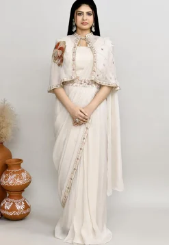 Pre Stitched Viscose Georgette Saree in Off White