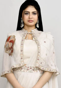Pre Stitched Viscose Georgette Saree in Off White