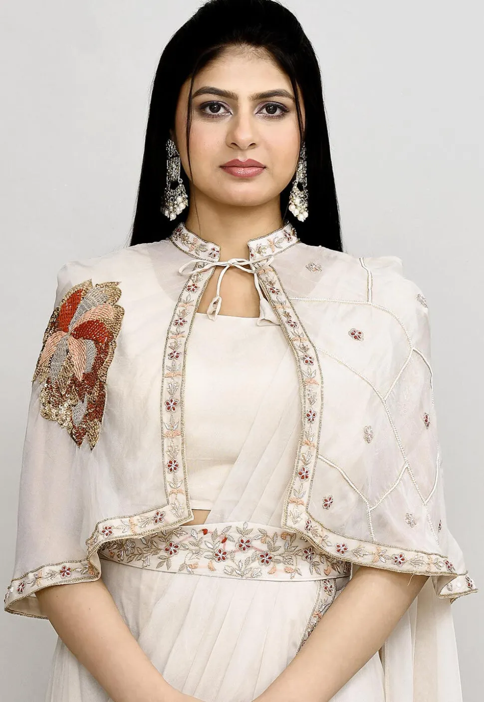 Pre Stitched Viscose Georgette Saree in Off White