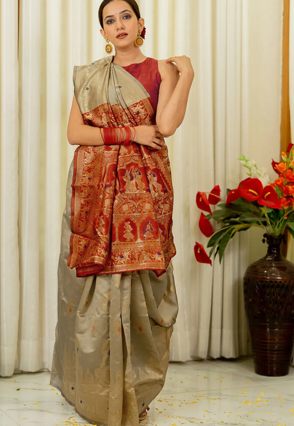 Pre-stitched Art Silk Saree in Fawn