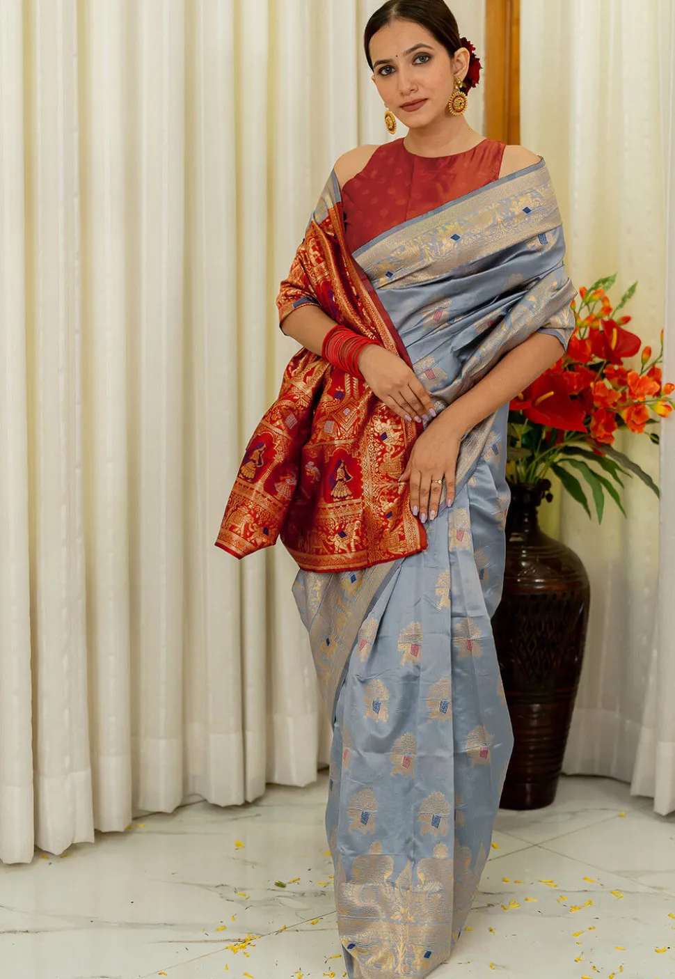 Pre-stitched Art Silk Saree in Light Blue