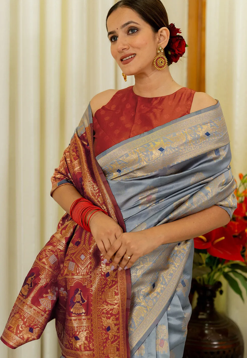 Pre-stitched Art Silk Saree in Light Blue