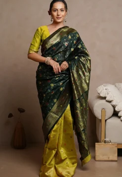Pre-stitched Art Silk Saree in Dark Green and Light Green
