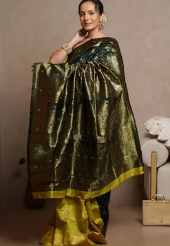 Pre-stitched Art Silk Saree in Dark Green and Light Green