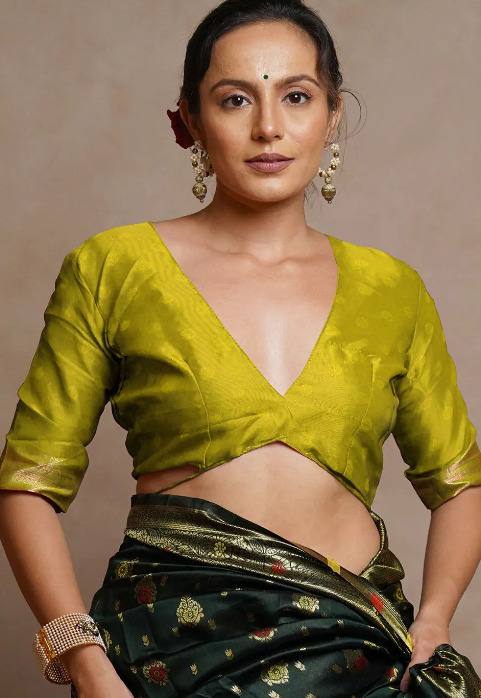 Pre-stitched Art Silk Saree in Dark Green and Light Green