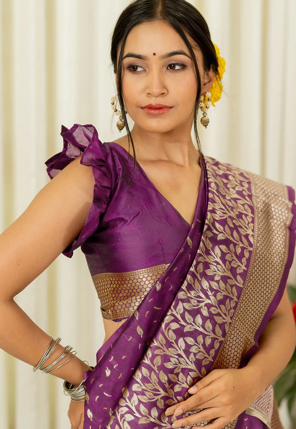 Pre-stitched Art Silk Saree in Purple