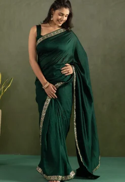 Pre-stitched Art Silk Saree in Dark Green