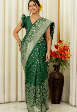 Pre-stitched Art Silk Saree in Dark Green