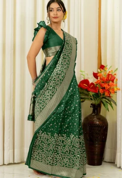 Pre-stitched Art Silk Saree in Dark Green