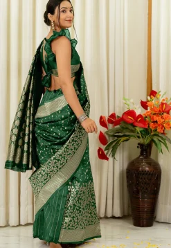 Pre-stitched Art Silk Saree in Dark Green
