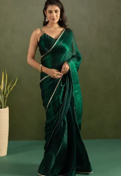 Pre-stitched Art Silk Saree in Dark Green