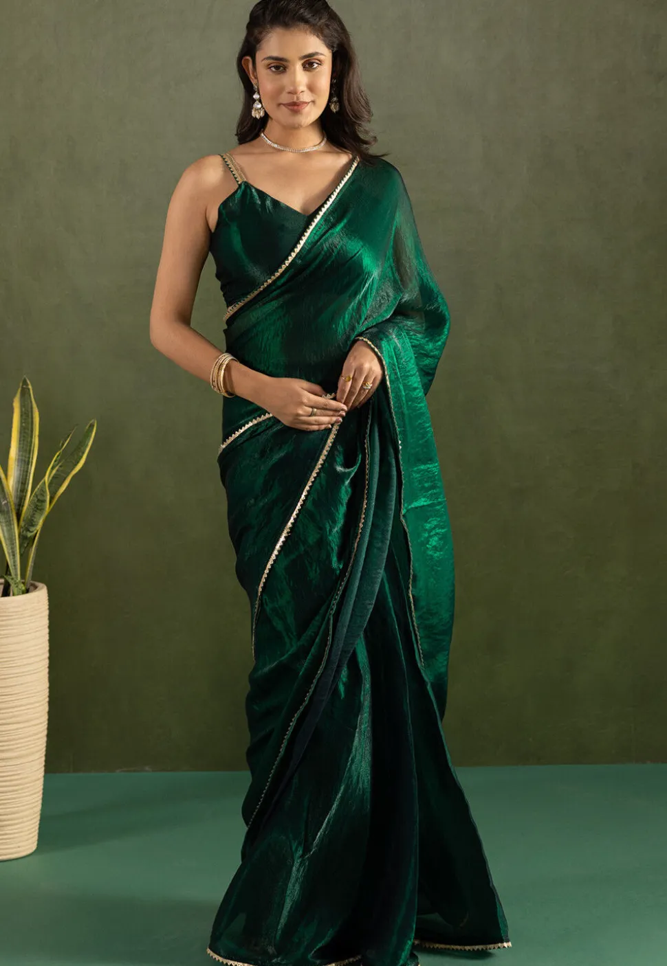 Pre-stitched Art Silk Saree in Dark Green
