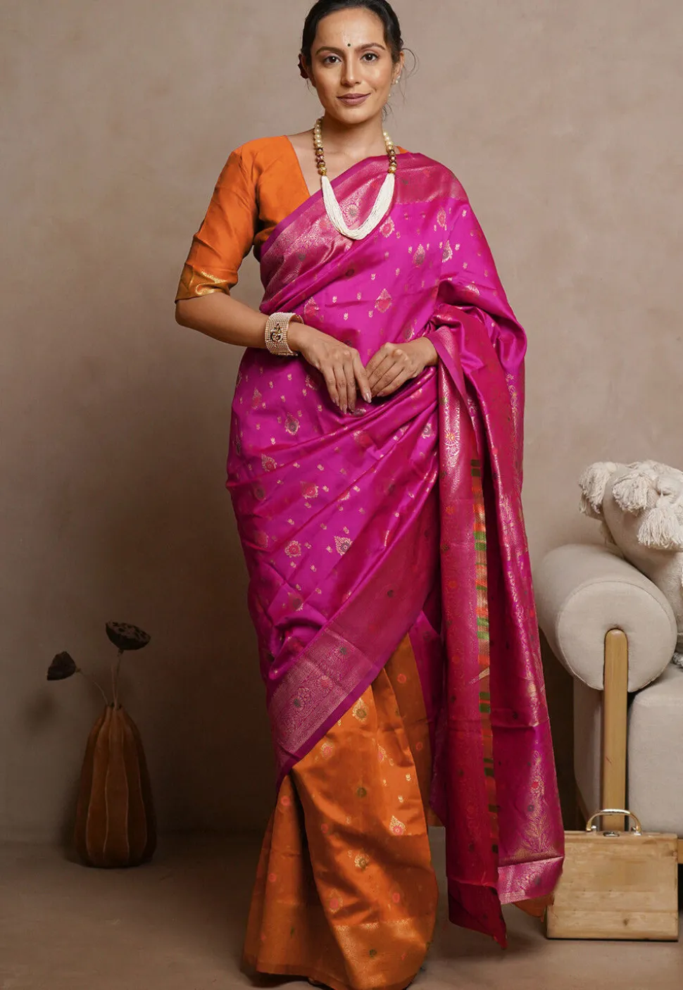 Pre-stitched Art Silk Saree in Fuchsia and Orange