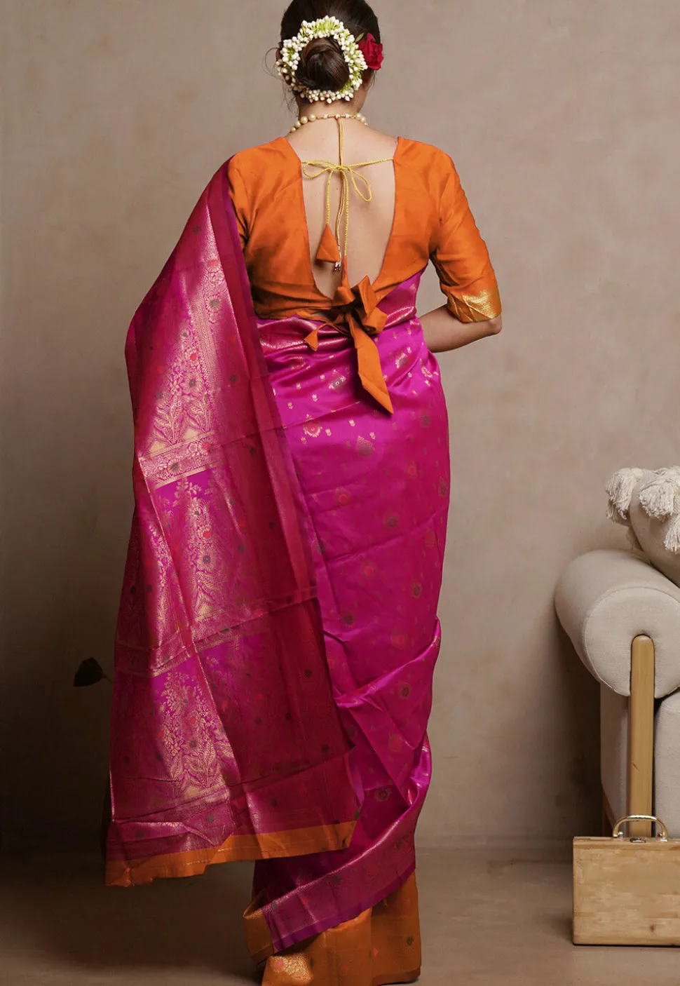 Pre-stitched Art Silk Saree in Fuchsia and Orange
