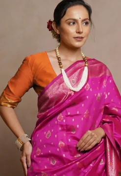 Pre-stitched Art Silk Saree in Fuchsia and Orange
