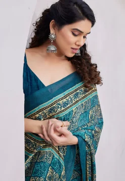 Pre-stitched Chiffon Saree in Teal Blue