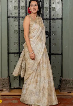 Pre-stitched Chiffon Saree in Light Beige