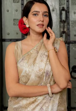Pre-stitched Chiffon Saree in Light Beige