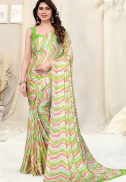 Pre-stitched Chiffon Saree in Light Green and Pink