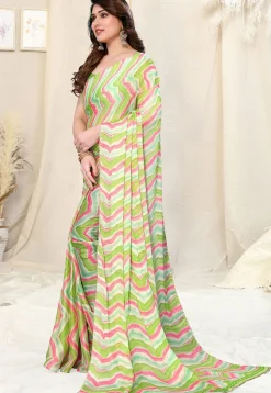 Pre-stitched Chiffon Saree in Light Green and Pink
