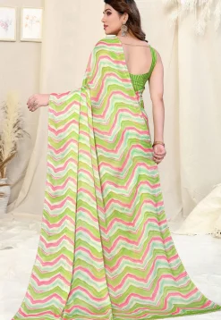 Pre-stitched Chiffon Saree in Light Green and Pink